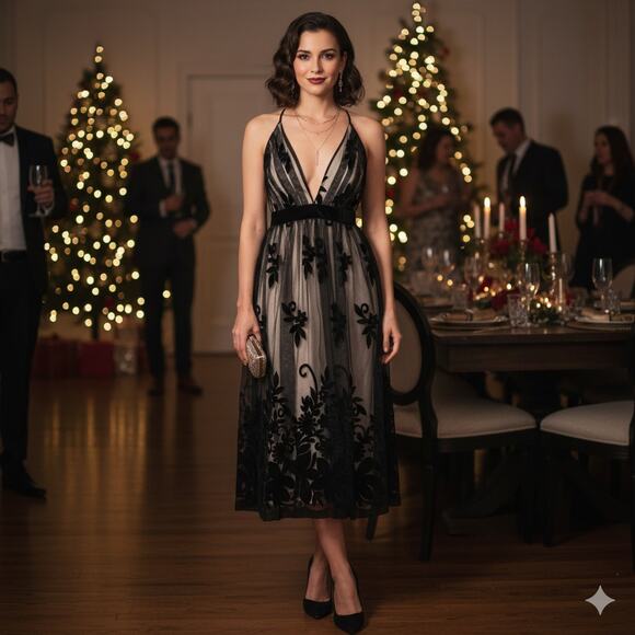 Venus Black and Nude Tulle Midi Dress - Picture 1 of 8